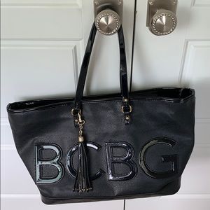 BCBG black leather tote with patent handles